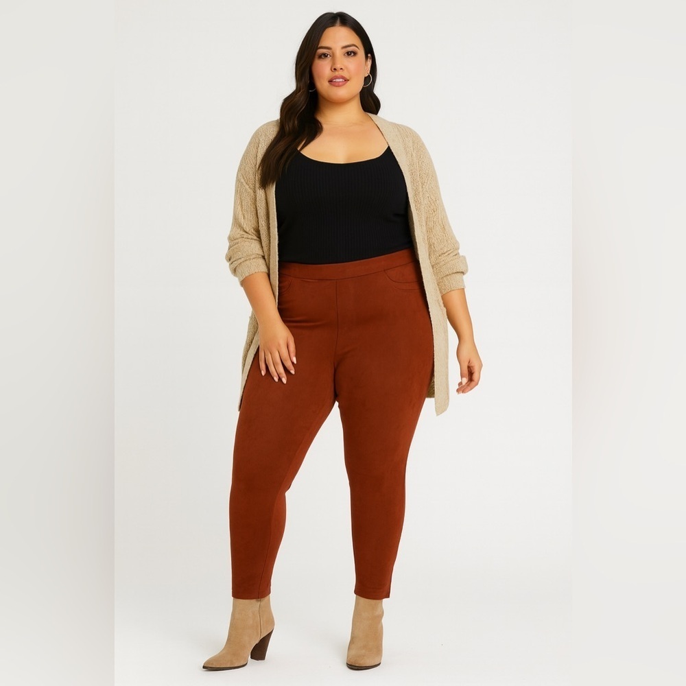 Wonderly Rust Faux Suede Leggings Pull On Pants Elastic Waist Soft Cozy Size 3X